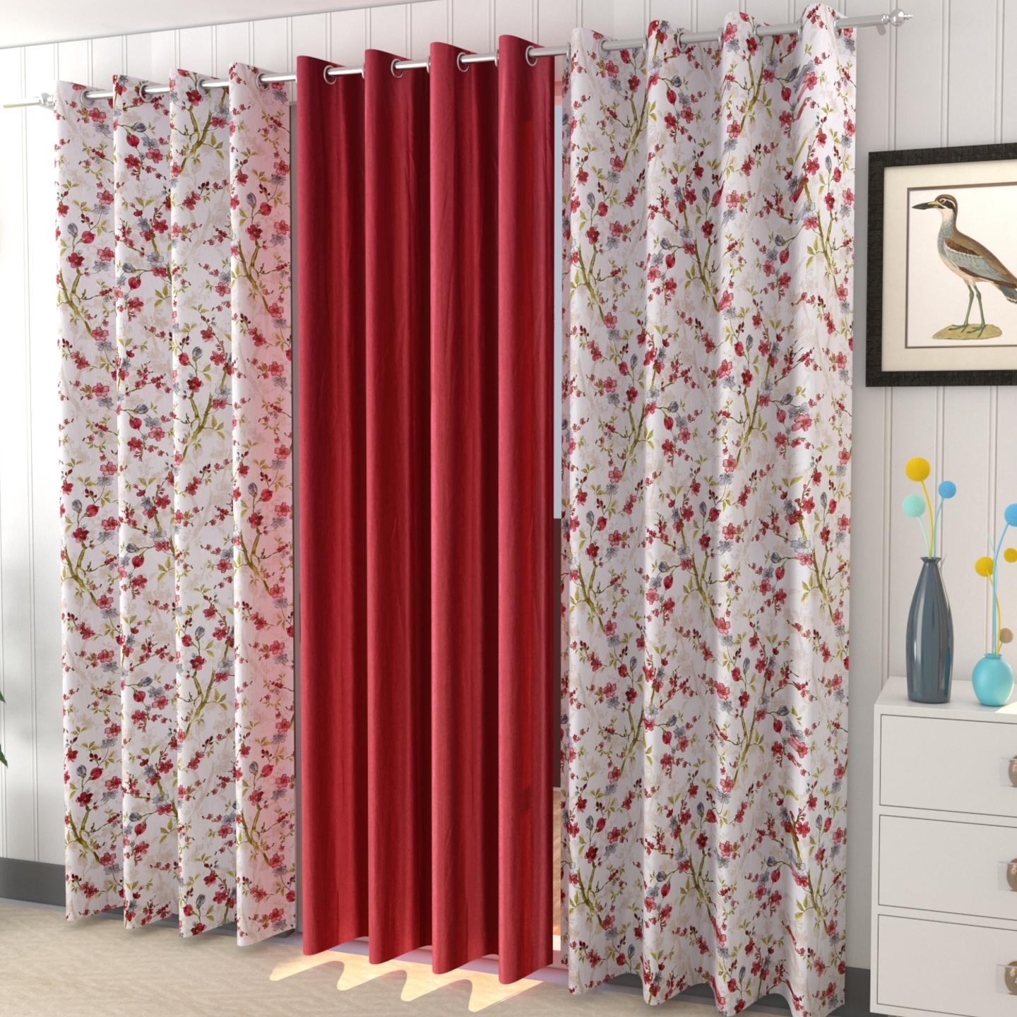 Handtex Home Polyester Digital Print Eyelet Curtain Set of 3 Pcs 4feet x 9feet Maroon
