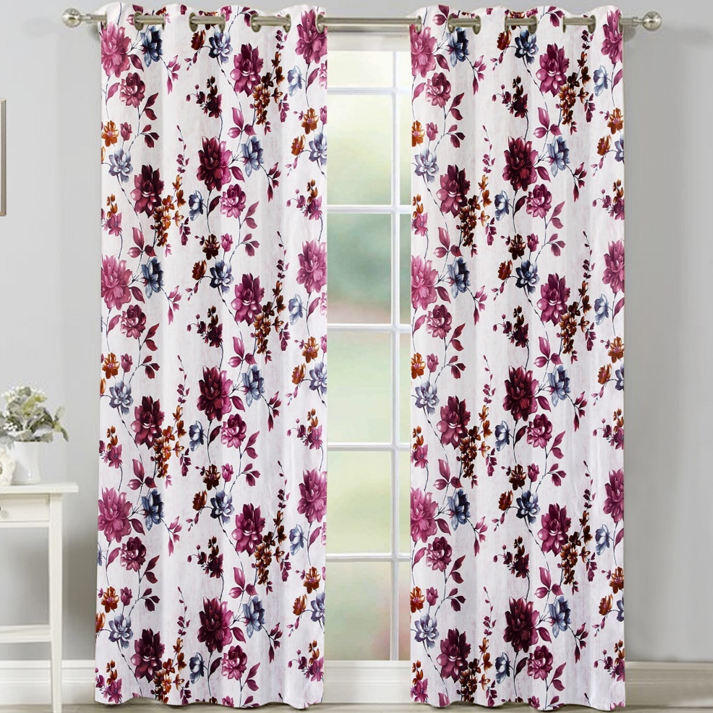 Handtex Home Floral Design Door Curtains 4x9 feet Set of 2 pcs Wine