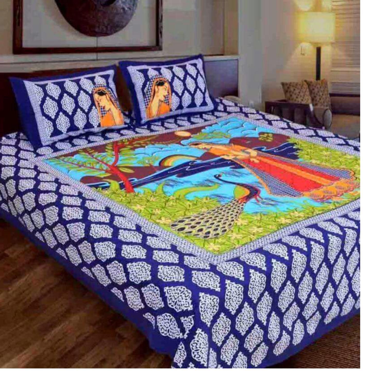 Handtex Home Cotton Rajasthani Jaipuri Traditional Printed Double Bed Bedsheet with 2 Pillow Covers 