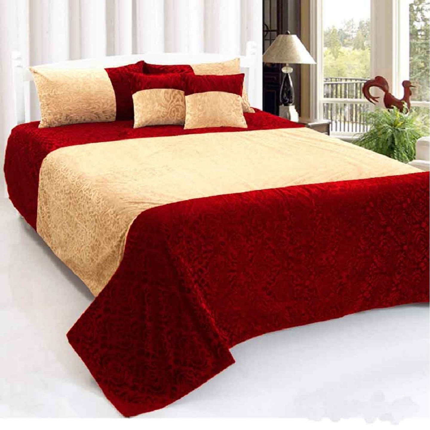 Handtex Home Maroon - Beige Velvet Double Bedsheet,2 cushion cover and 2 pillow cover)