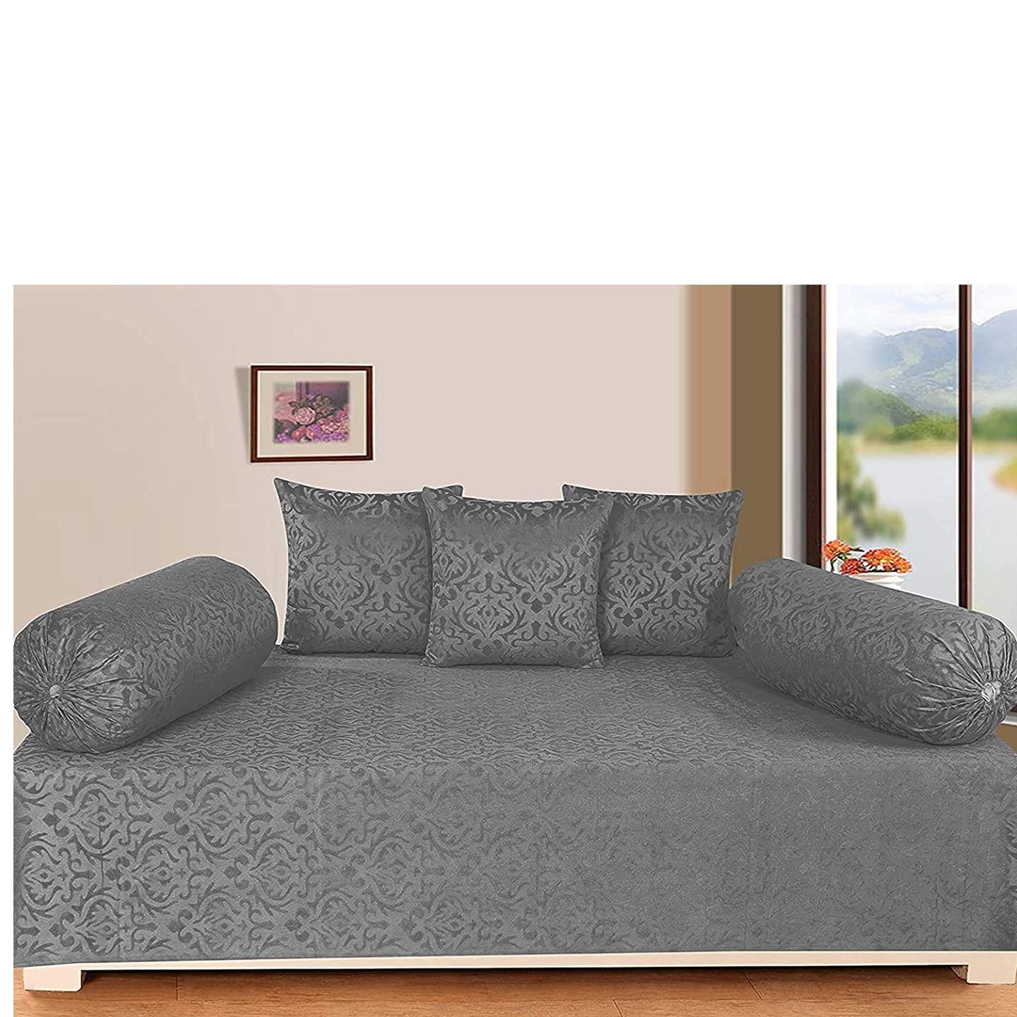 Handtex Home  Premium Velvet Diwan Set of 6 Pieces -1 BedSheet, 2pc Bolster Cover with Dori and 3pc Cushion Covers 6Pc Set-Grey Colour