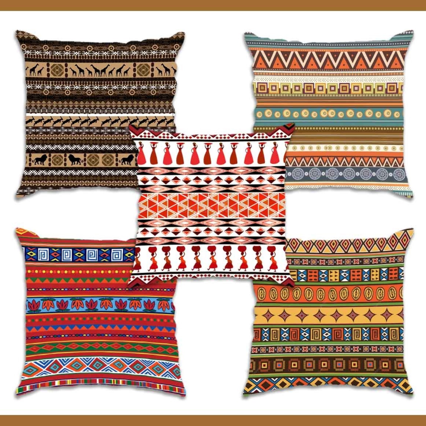 Handtex Home Jute Fabric Printed Cushion Covers, Set of 5, 16 x 16 inch 40.6 x 40.6 cm
