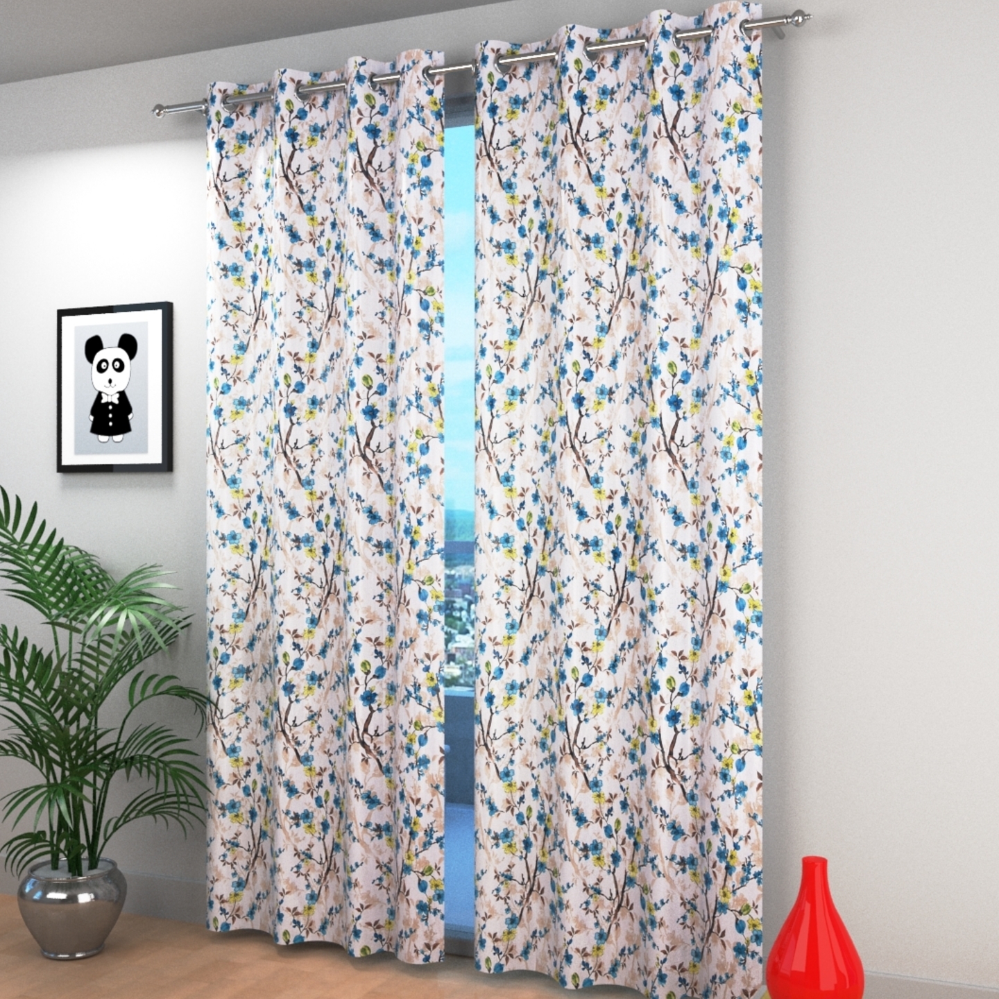 Handtex Home Heavy Polyester Leaf Patti Digital Print Eyelet Curtain Set of 2 Pc 4x9 feet Aqua