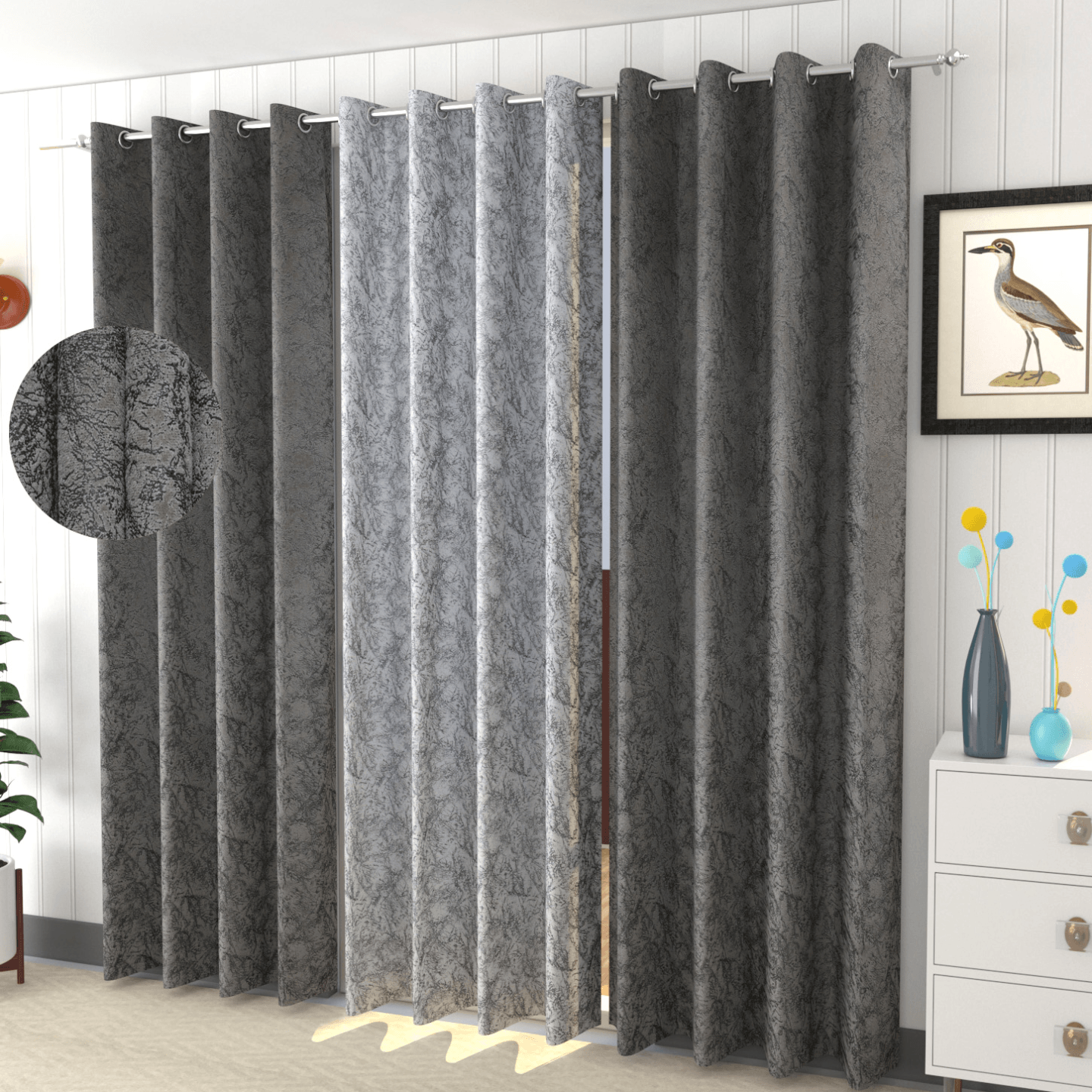 Handtex Home texture print Grey White Velvet Set of 3 Door Curtain 4ft x 7ft