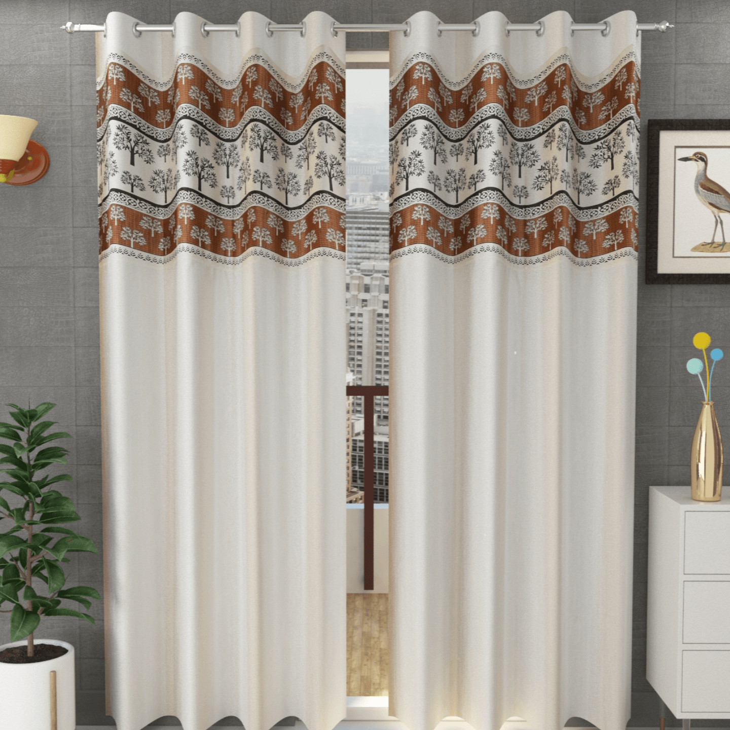 Handtex Home Tree design Patchwork curtain for door 9 feet set of 2pc Cream color