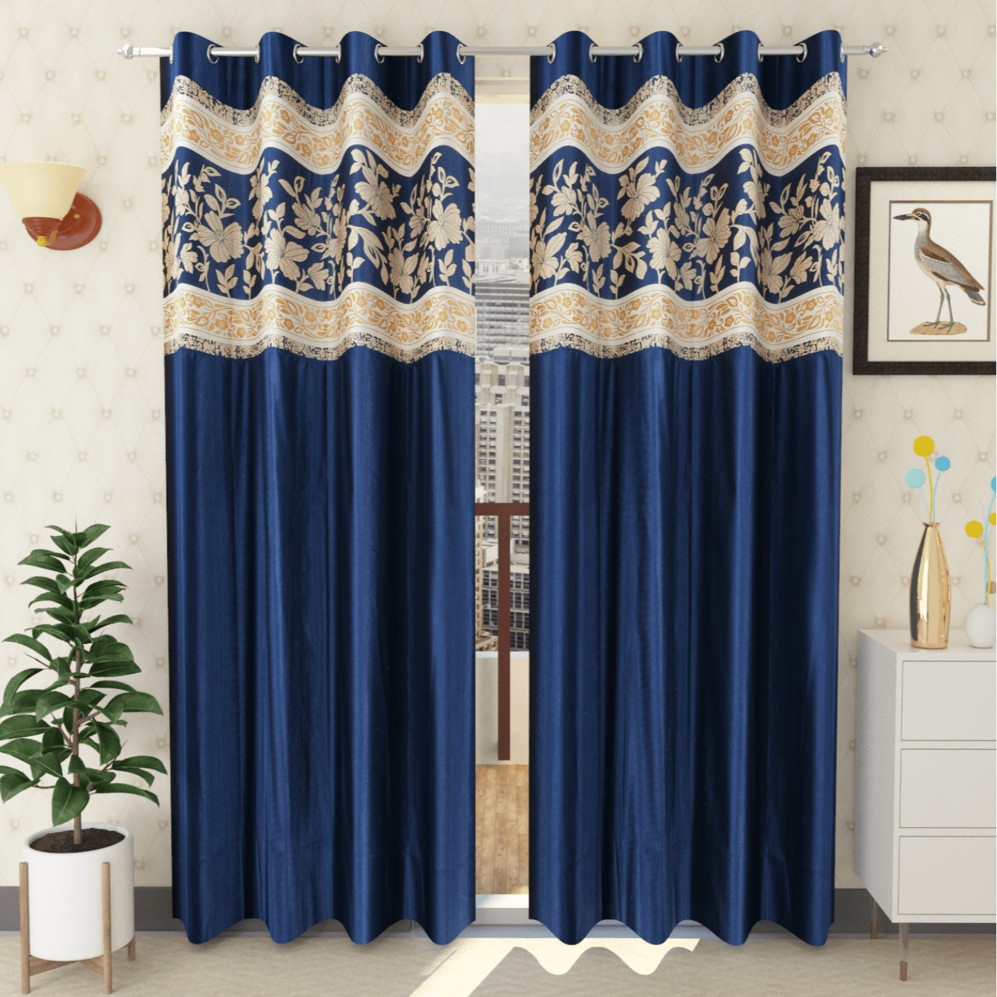 Handtex Home Patchwork curtain for door 9 feet set of 2pc Blue color