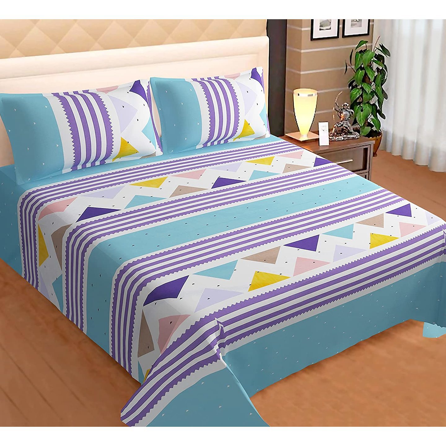 Handtex Home 300TC Cotton Printed Double Bedsheet 2 Pillow Cover Size (90 x 100 inch / 17 x 27 inch) 