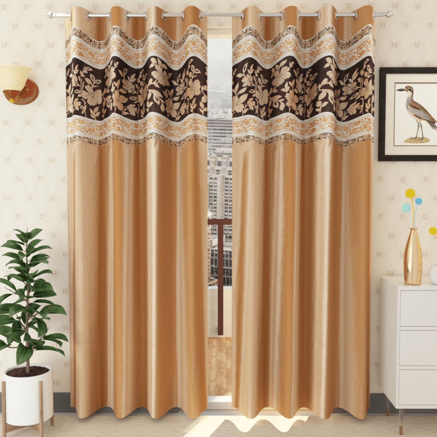 Handtex Home Patchwork curtain for door 7 feet set of 2pc Gold color