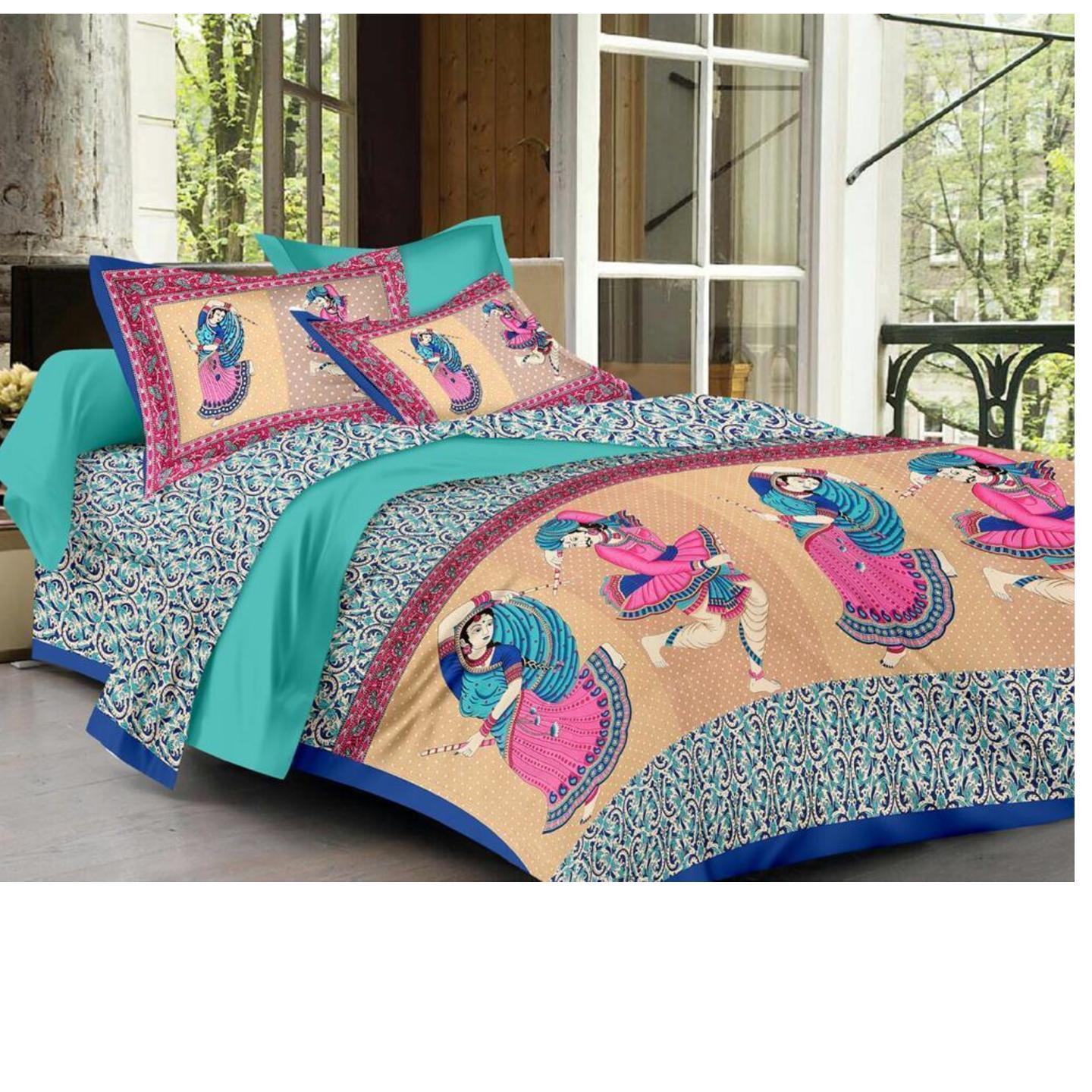 Handtex Home Cotton Floral Rajasthani Jaipuri Traditional Printed Double Bed Bedsheet with 2 Pillow Covers