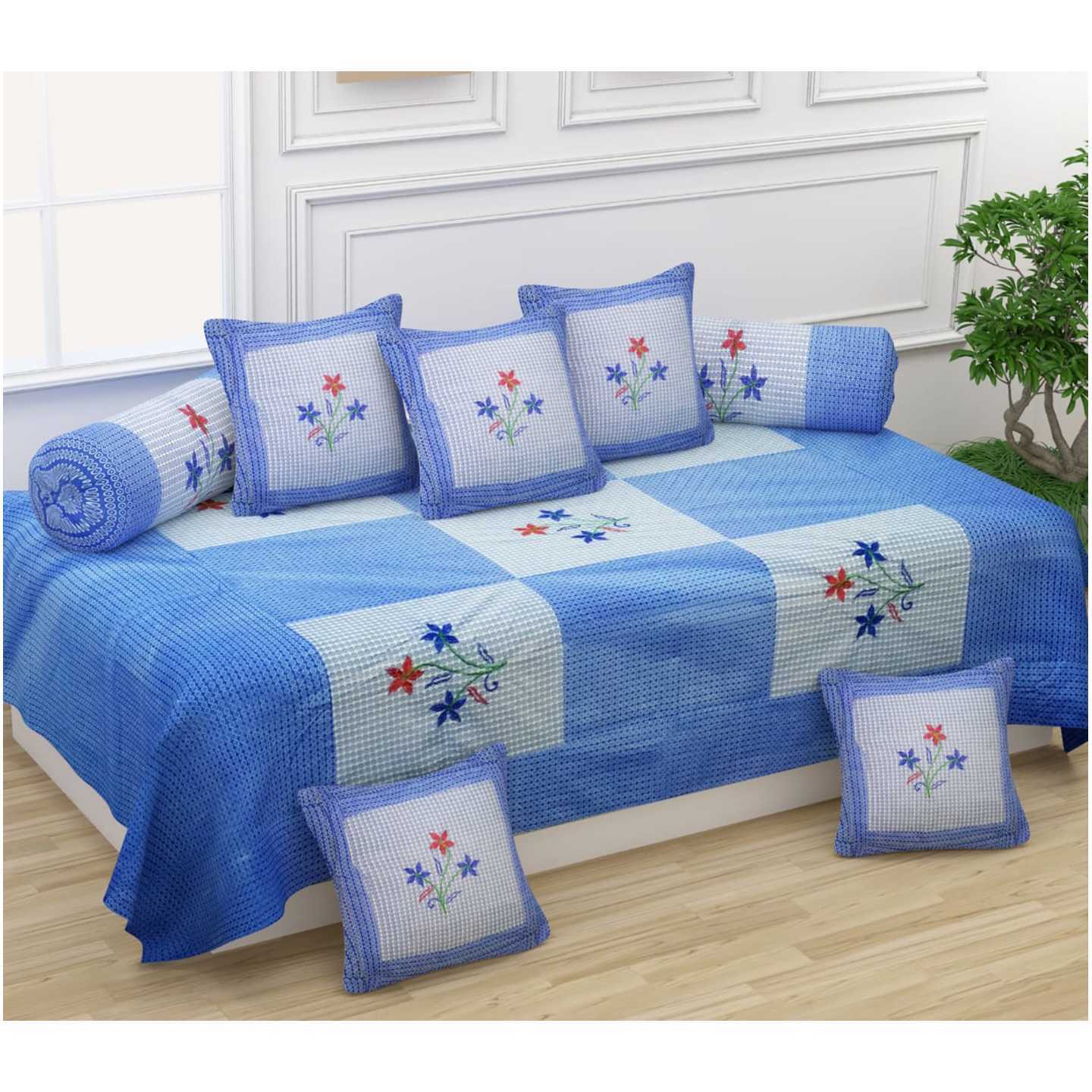 Handtex Home Cotton Fabric Embroidery Design Diwan Set Covers 8 Pcs Set of 1 Bedsheet 2 Bolsters and 5 Cushion Covers (Blue)