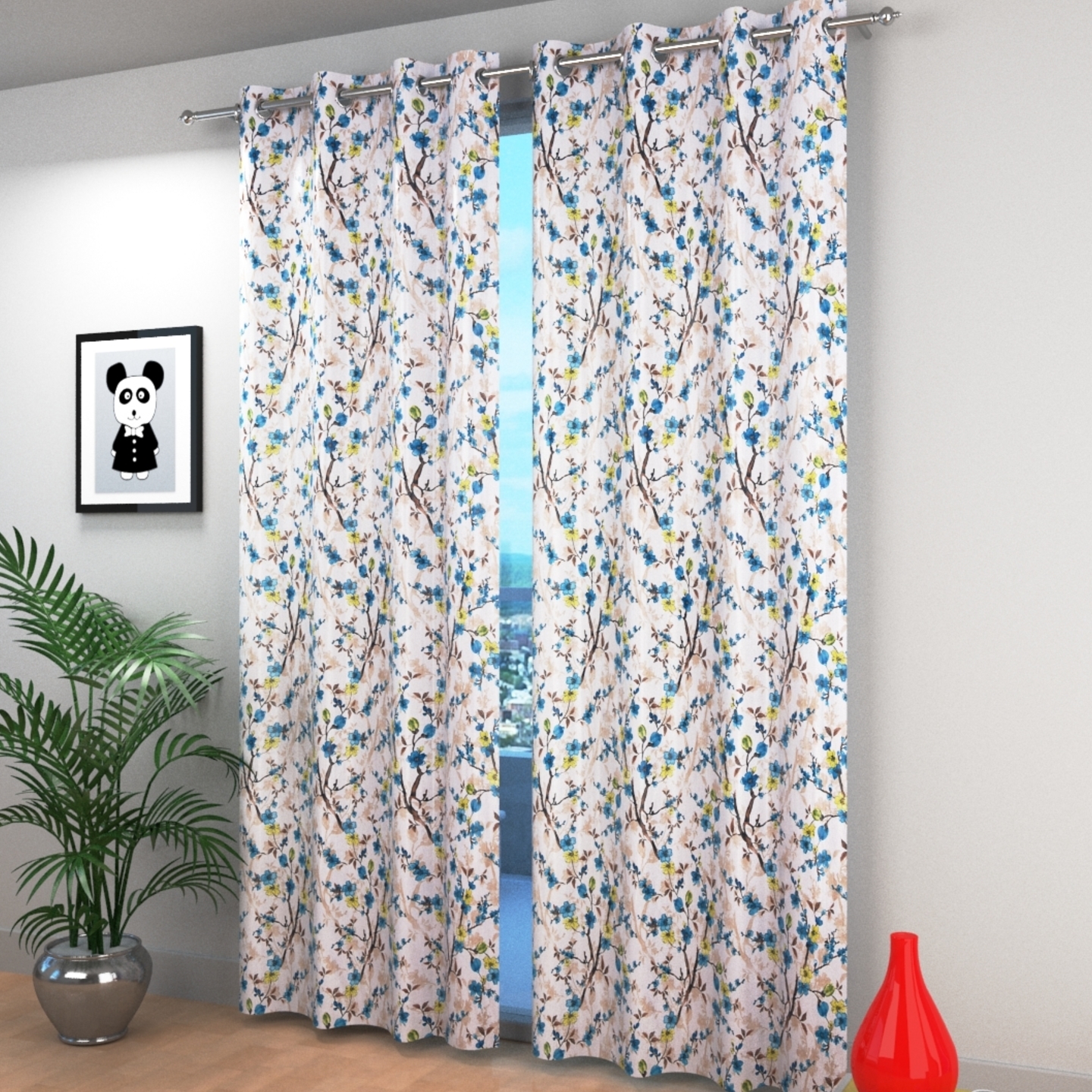 Handtex Home Heavy Polyester Leaf Patti Digital Print Eyelet Curtain Set of 2 Pc 4x7 feet Aqua