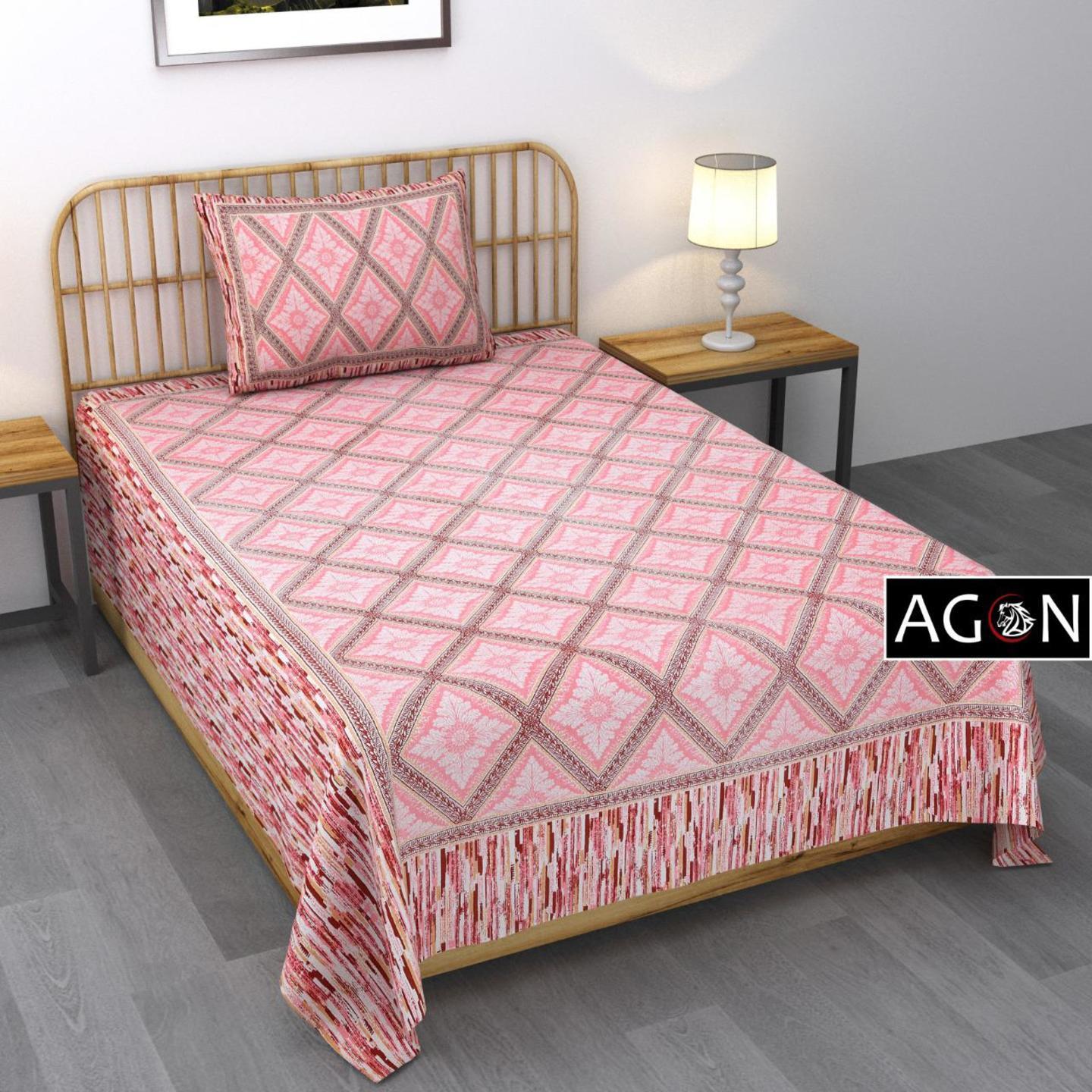 Handtex Home 144 TC Cotton Printed Single Bedsheet with 1 Pillow Cover Pink