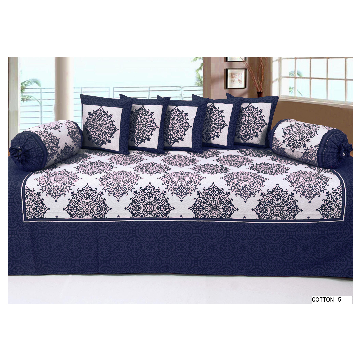 handtex home jacquard design cotton Diwan Set-8PC(1 Single Bedsheet,2 Blosters & 5 Cushion Covers) N.Blue