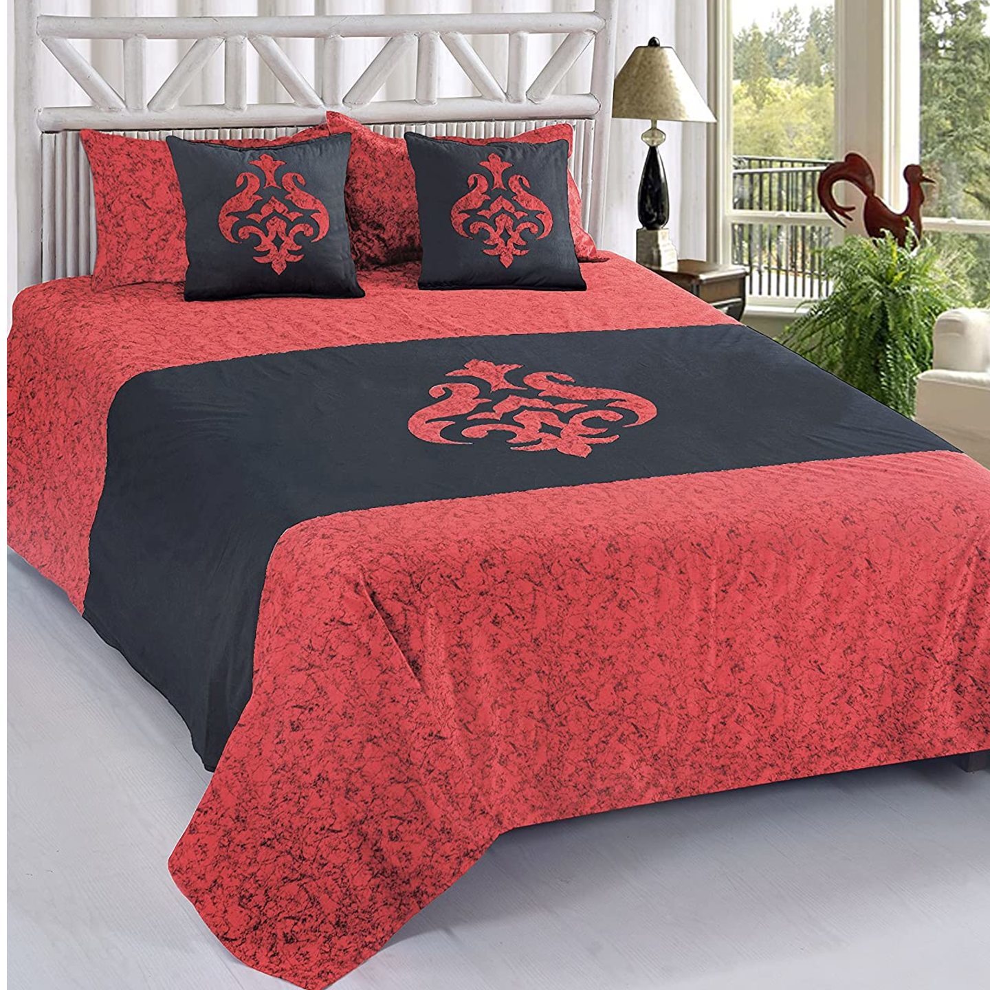 Hantex Home Double Bed Sheet with 2 Pillow Covers and 2 Cushions Covers , king Size - 90'' x 100'' Damask design