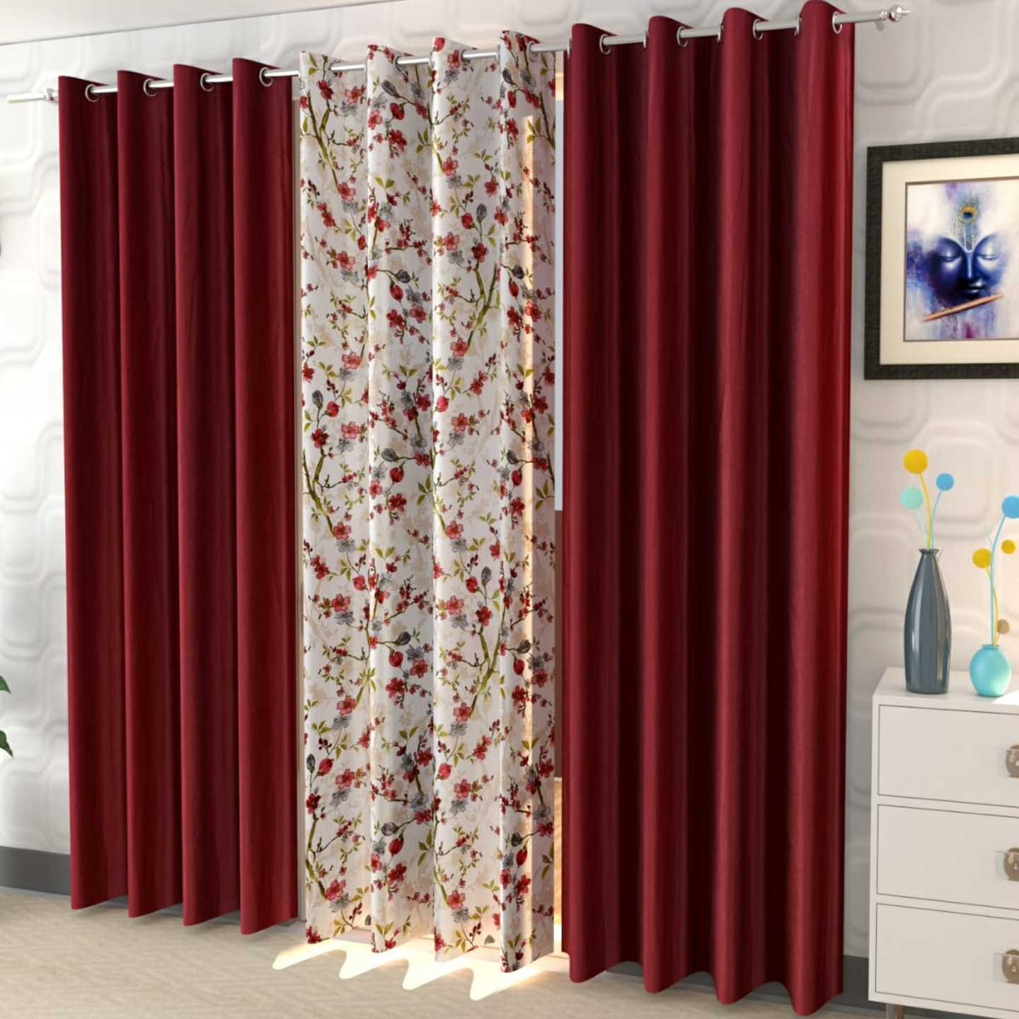 Handtex Home Polyester Digital Print Eyelet Curtain Set of 3 Pcs 4feet x 7feet Maroon