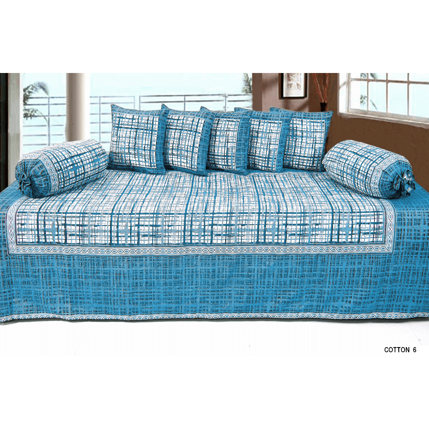 handtex home jacquard design cotton Diwan Set-8PC1 Single Bedsheet,2 Blosters & 5 Cushion Covers Firozi