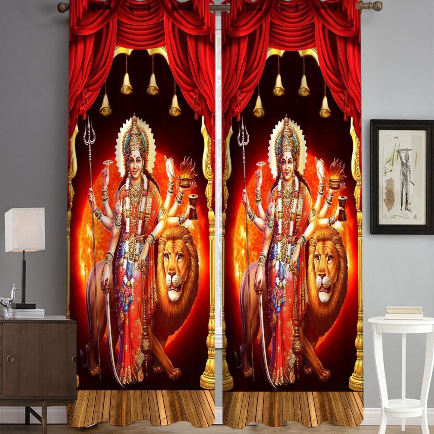 Handtex Home Polyester 3D God MATA Rani Digital Printed Curtain Solid 2 Pecs Multicolour (Door Size 4 x 7 Feet)