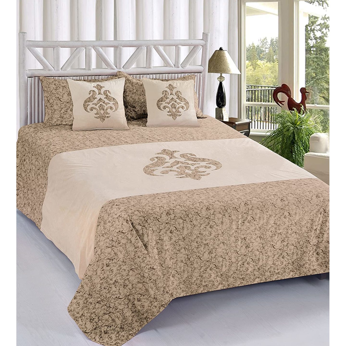 Hantex Home Double Bed Sheet with 2 Pillow Covers and 2 Cushions Covers , king Size - 90 x 100 Damask Gold