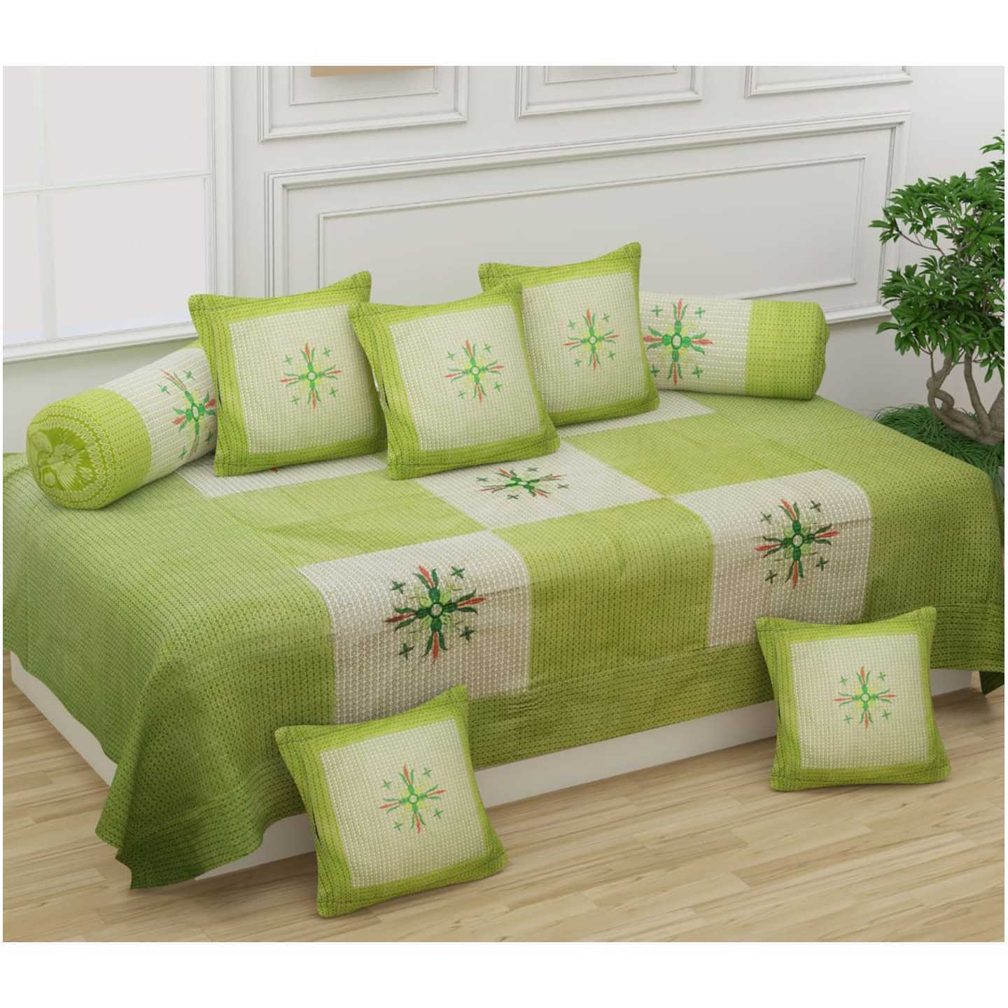 Handtex Home Cotton Fabric Embroidery Design Diwan Set Covers 8 Pcs Set of 1 Bedsheet 2 Bolsters and 5 Cushion Covers (Green)