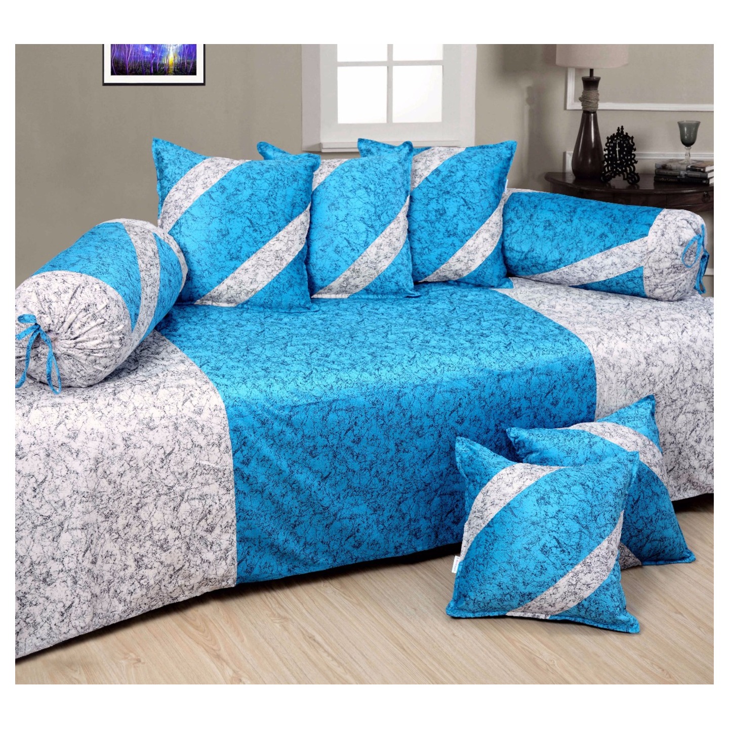 HandTex Home Presents Velvet  blue Color Diwan Set with 1 Single Bedsheet with 5 Cushion Covers & 2 Blosters Set of 8 pcs
