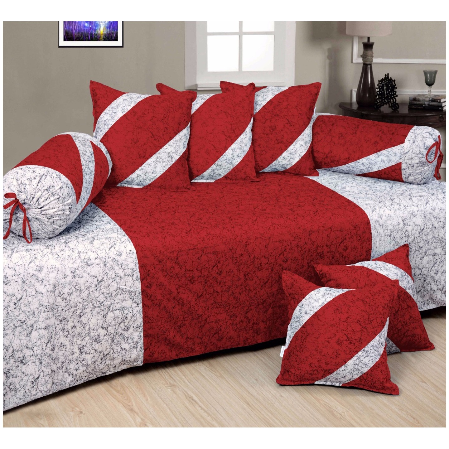 HandTex Home Presents Velvet Maroon Color Diwan Set with 1 Single Bedsheet with 5 Cushion Covers & 2 Blosters Set of 8 pcs