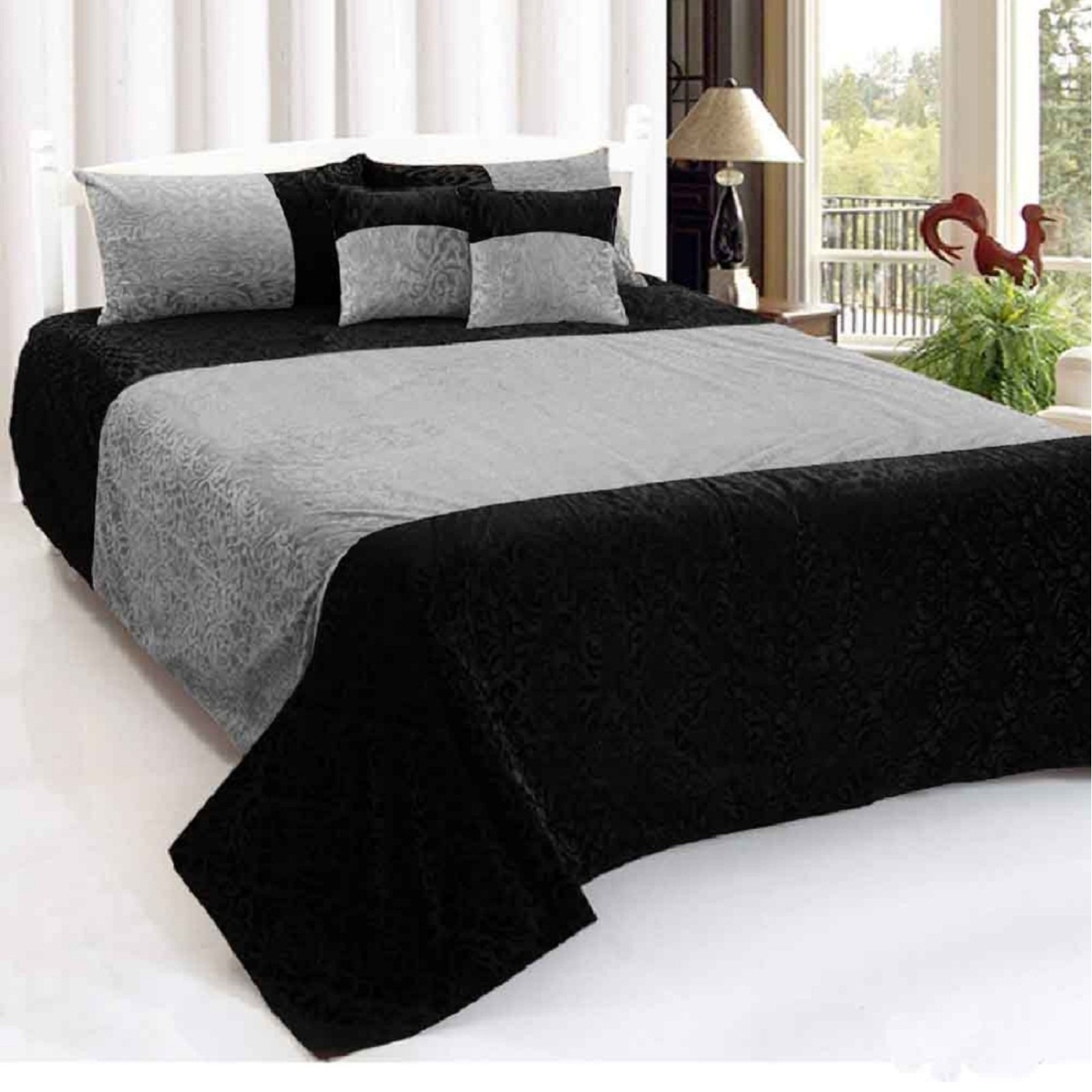 Handtex Home Black Grey Velvet Double Bedsheet,2 cushion cover and 2 pillow cover