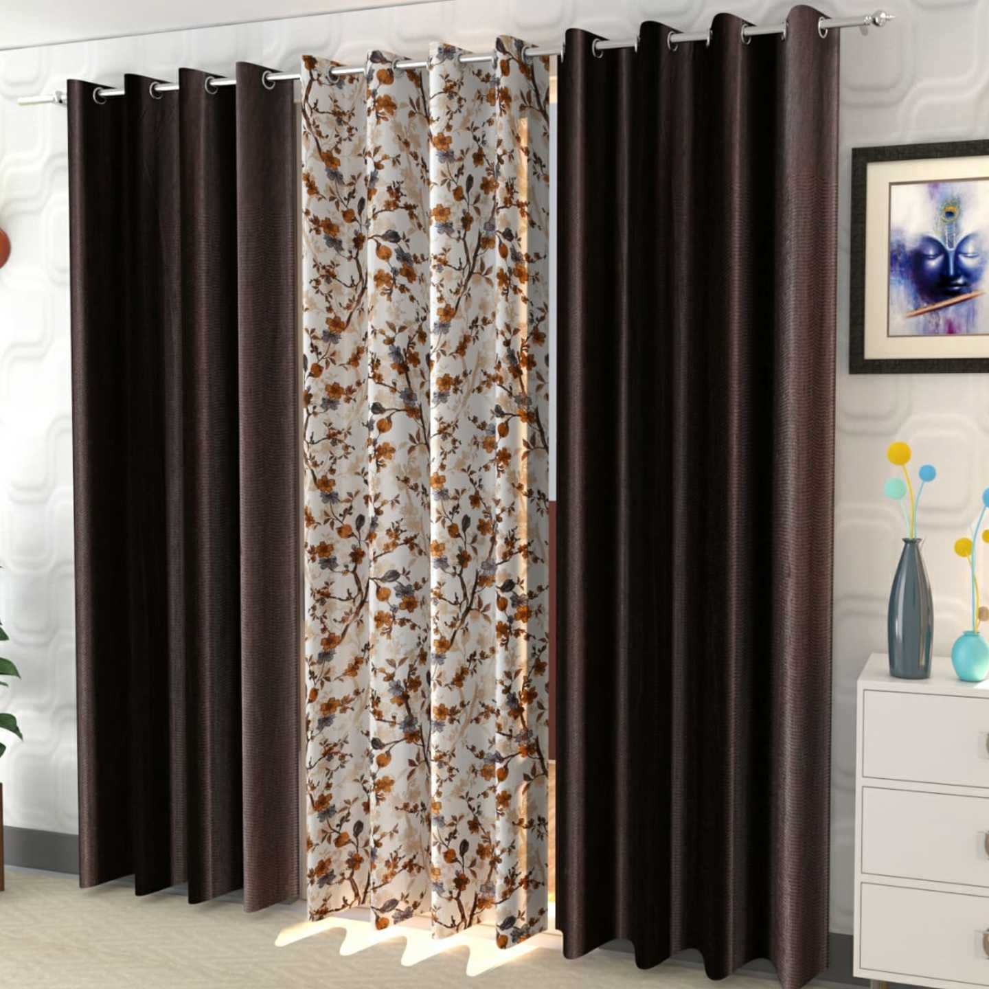 Handtex Home Polyester Digital Print Eyelet Curtain Set of 3 Pcs 4feet x 9feet Coffee