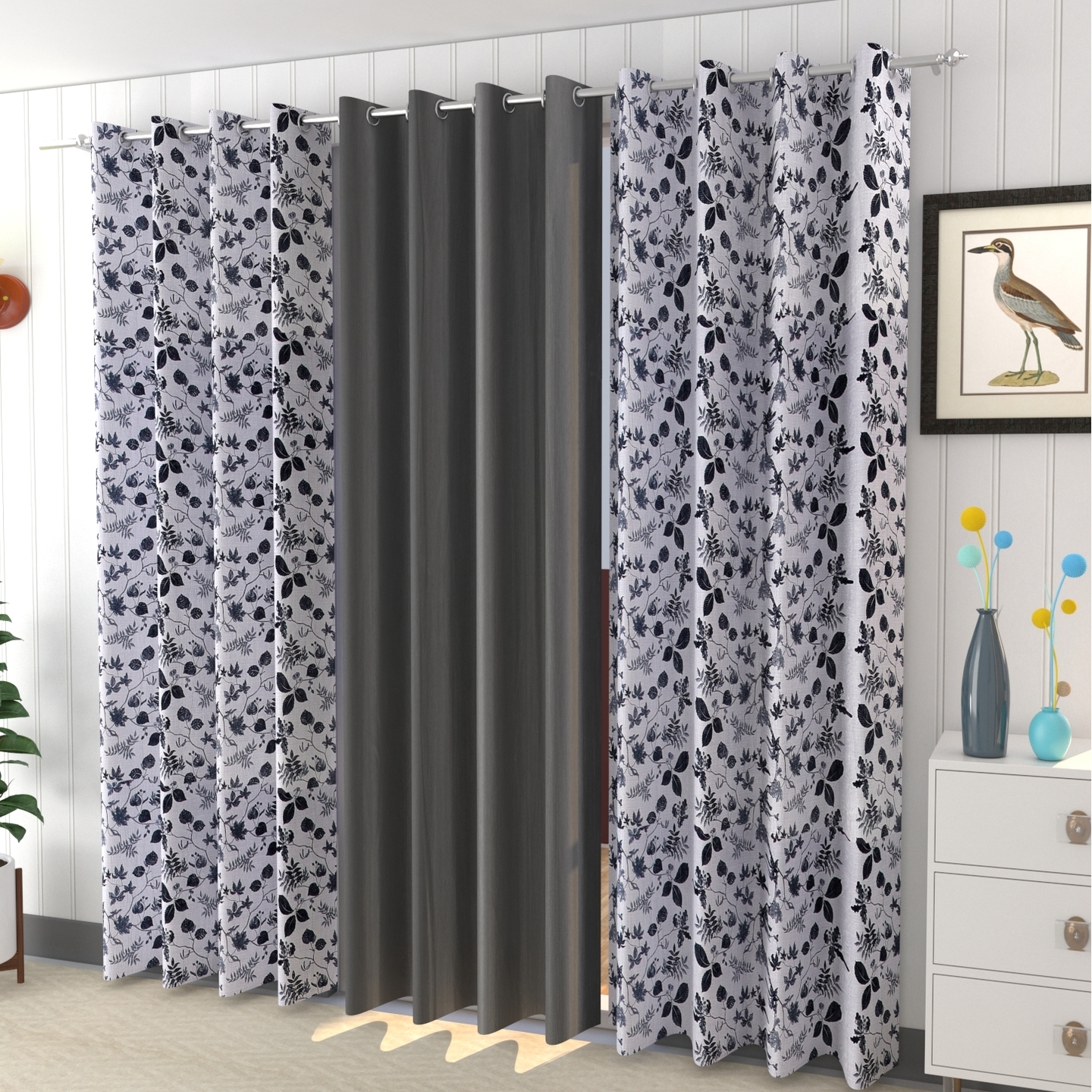 Handtex Home Plain Solid and Leaf Design Digital Printed Heavy Long Crush Polyester Fabric Eyelets Curtains , Combo of 3 , for Living Room & Bedroom ( Set of 3 ) (Grey, 4 FEET X 9FEET