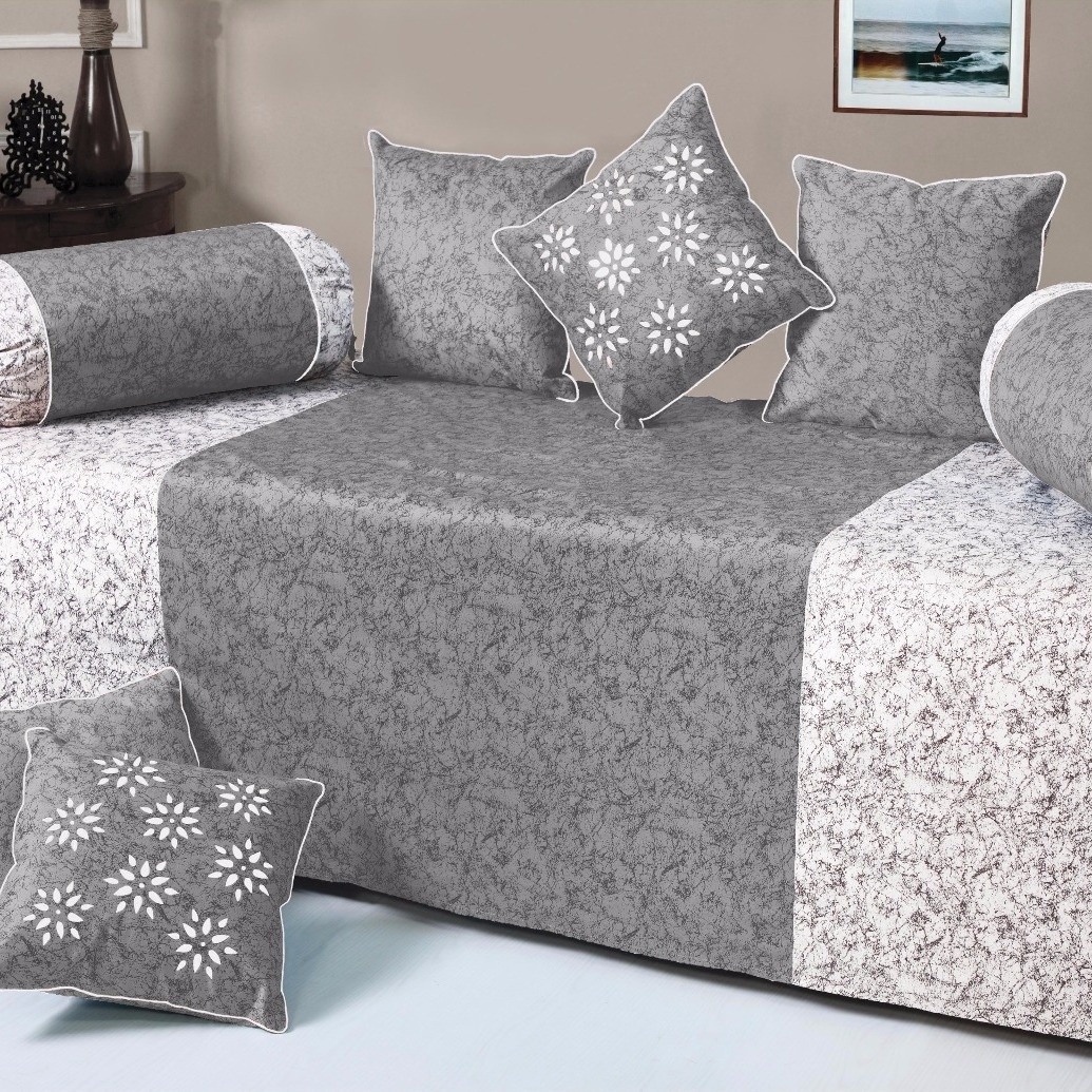HandTex Home White & Grey Color Designer Velvet Diwan set 1 Single Bedsheet With 5 Cushion Covers and 2 Blosters Covers