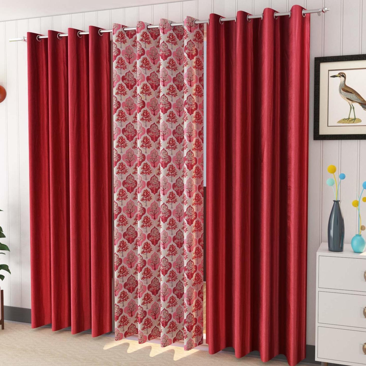 Handtex Home Curtains Polyester Tree Printed Set of 3 Pcs Maroon (1Tree+2Plain) Size for Long Door 4 Feet x 7 Feet