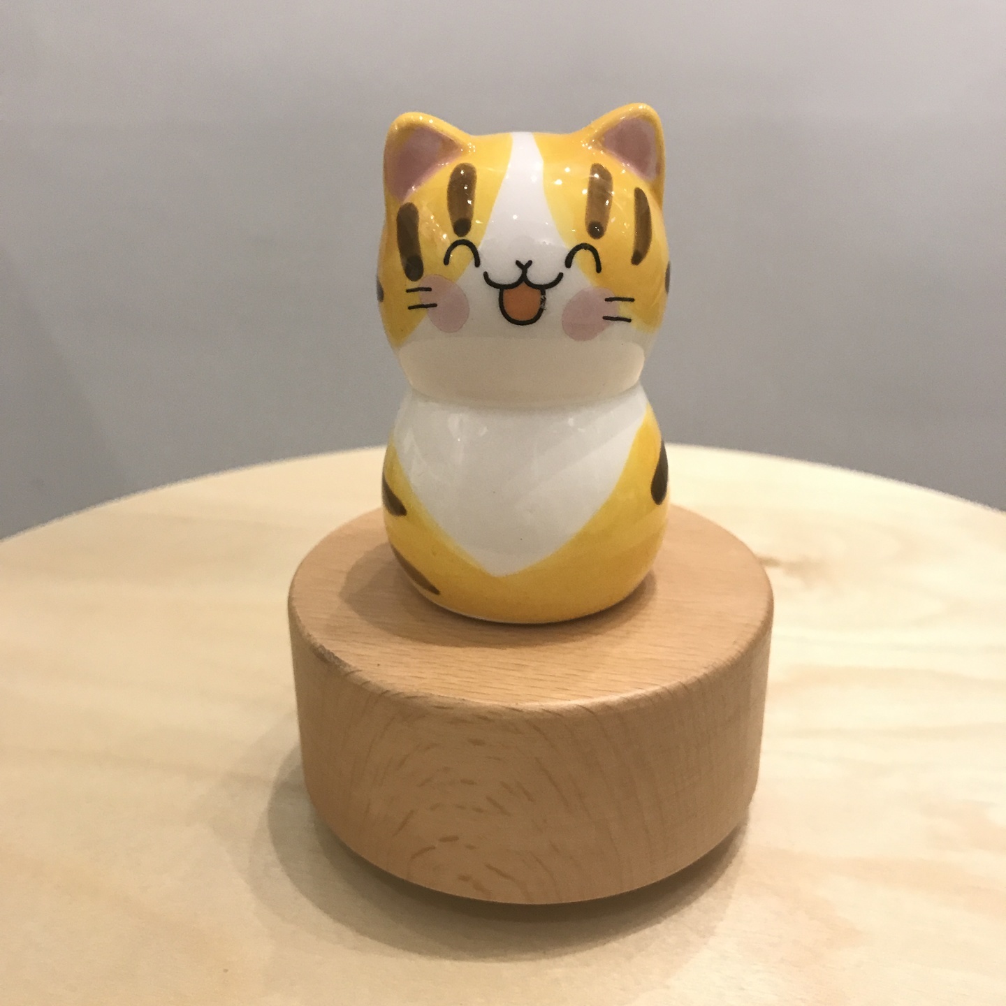 Porcelain Yellow Cat Music Box Wooden Base