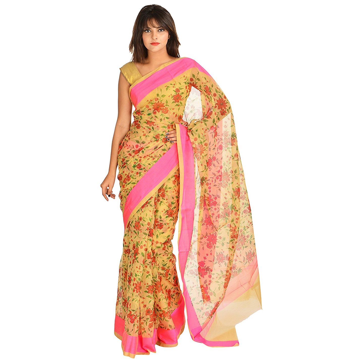 Korie Kota Cotton Floral Saree (Beige And Pink)- KK5_86