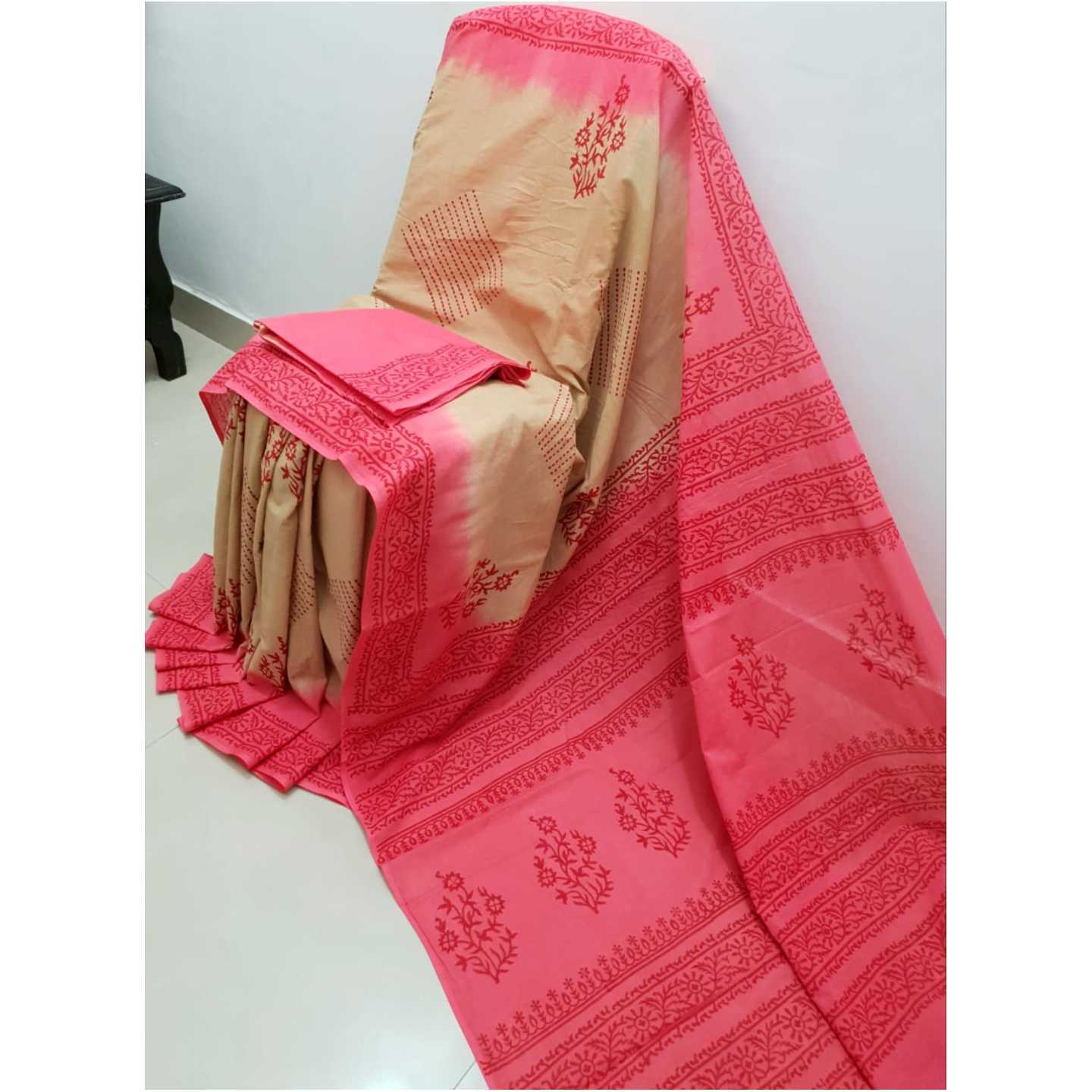 Korie Hand Block Print Cotton Saree with Blouse Piece KB10_01_ Peach