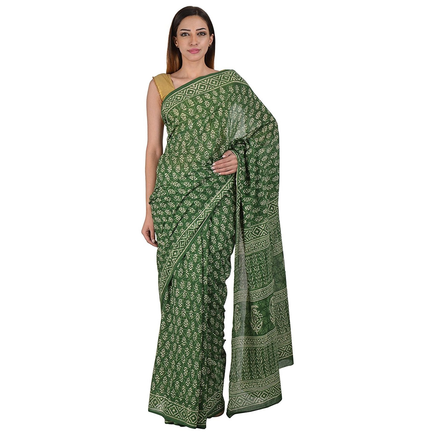 Korie Bagru Cotton Saree without Blouse Piece (Green with Dabu Print)_ KB6_03