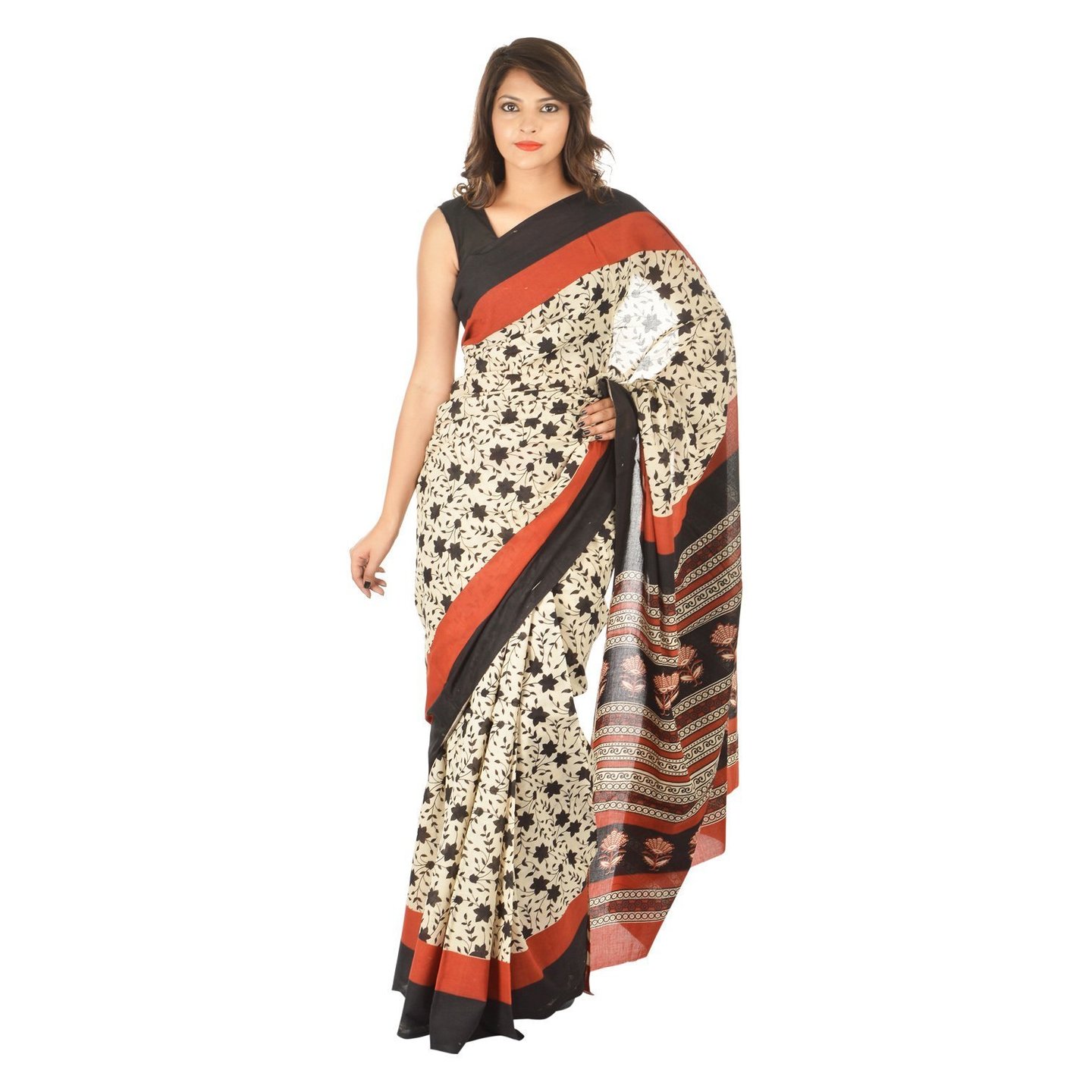 Korie Bagru Cotton Saree Beige & Black without Blouse Piece- K4_33