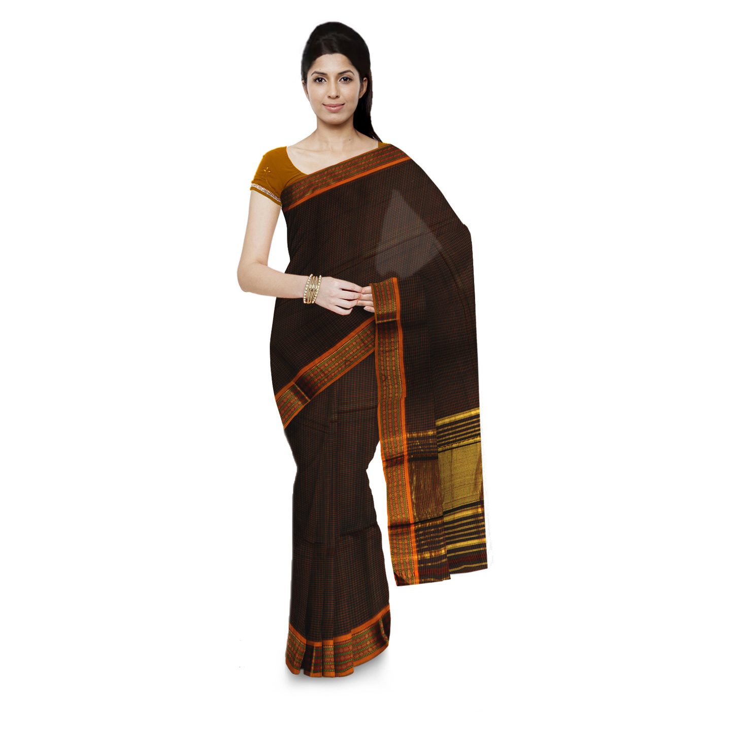 Korie Pune Cotton Checks Sari (Brown)- KP7_25