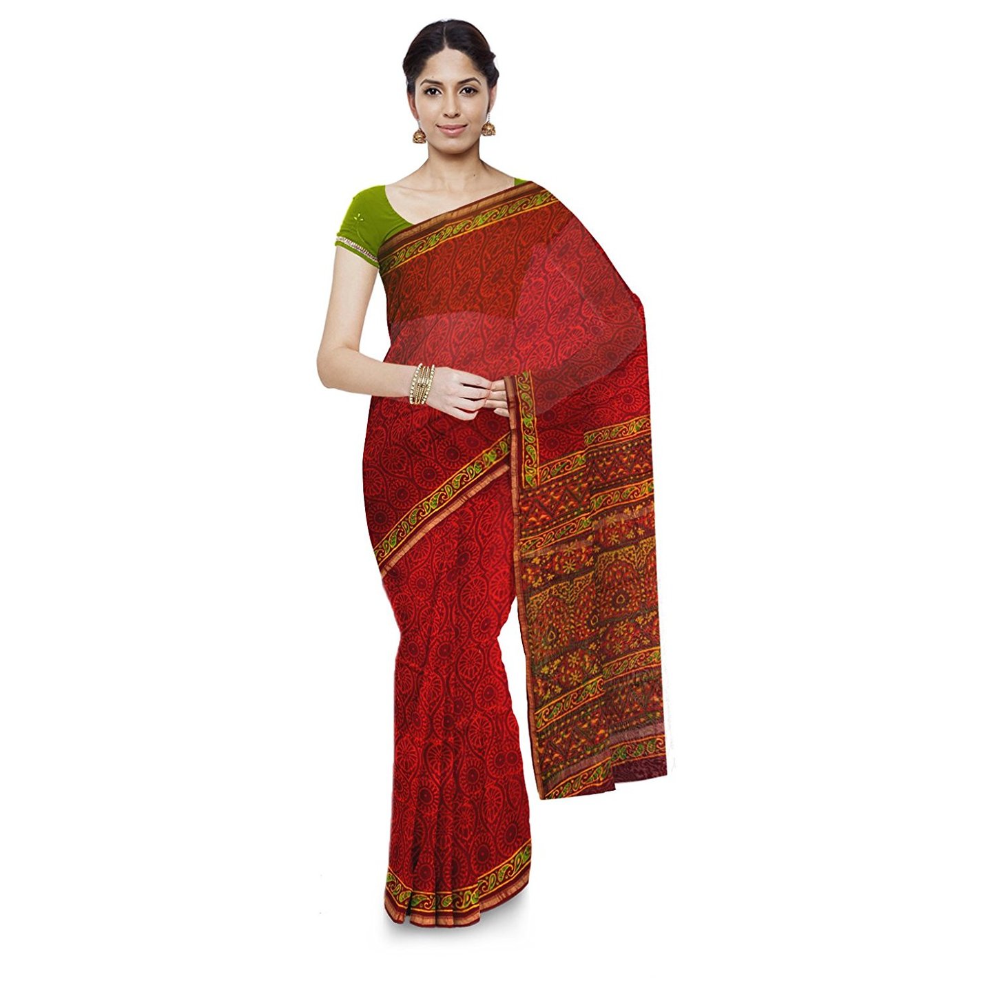 Korie Women's Bagru Cotton Silk Saree with Blouse Piece (Red)_(KB7_01)