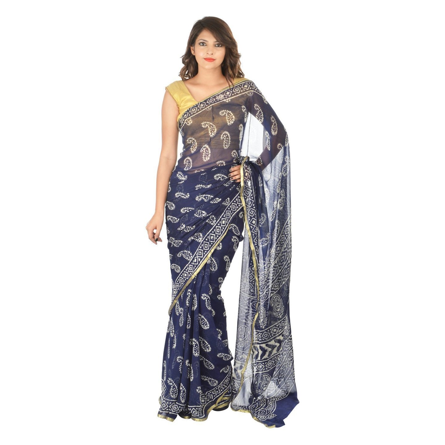 Korie Hand Block Chiffon Saree With Blouse Piece (Navy Blue)_ (K4_32)