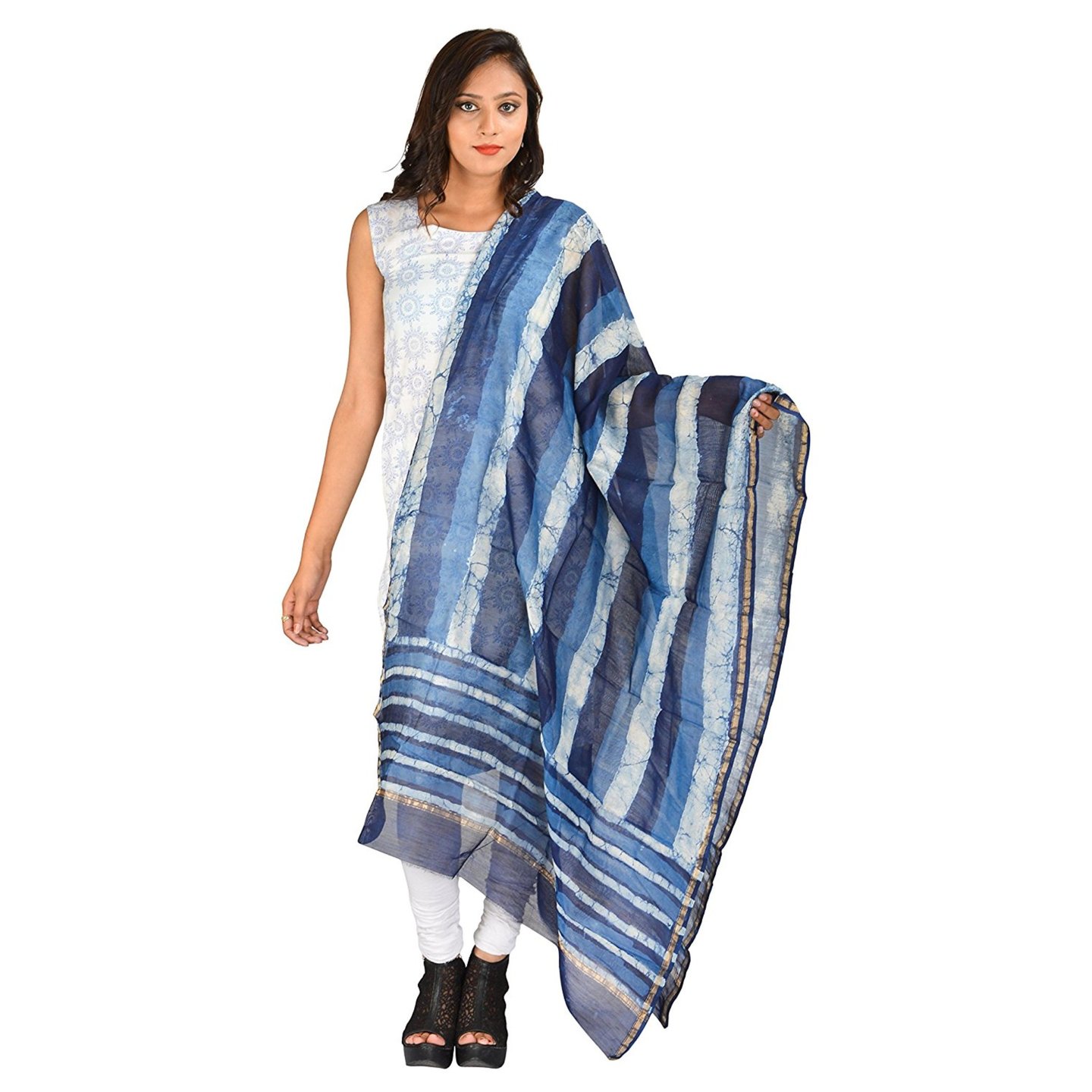 Korie Women's Bagru Pure Chanderi Dupatta (Indigo Blue)_ (KCH1_B5)