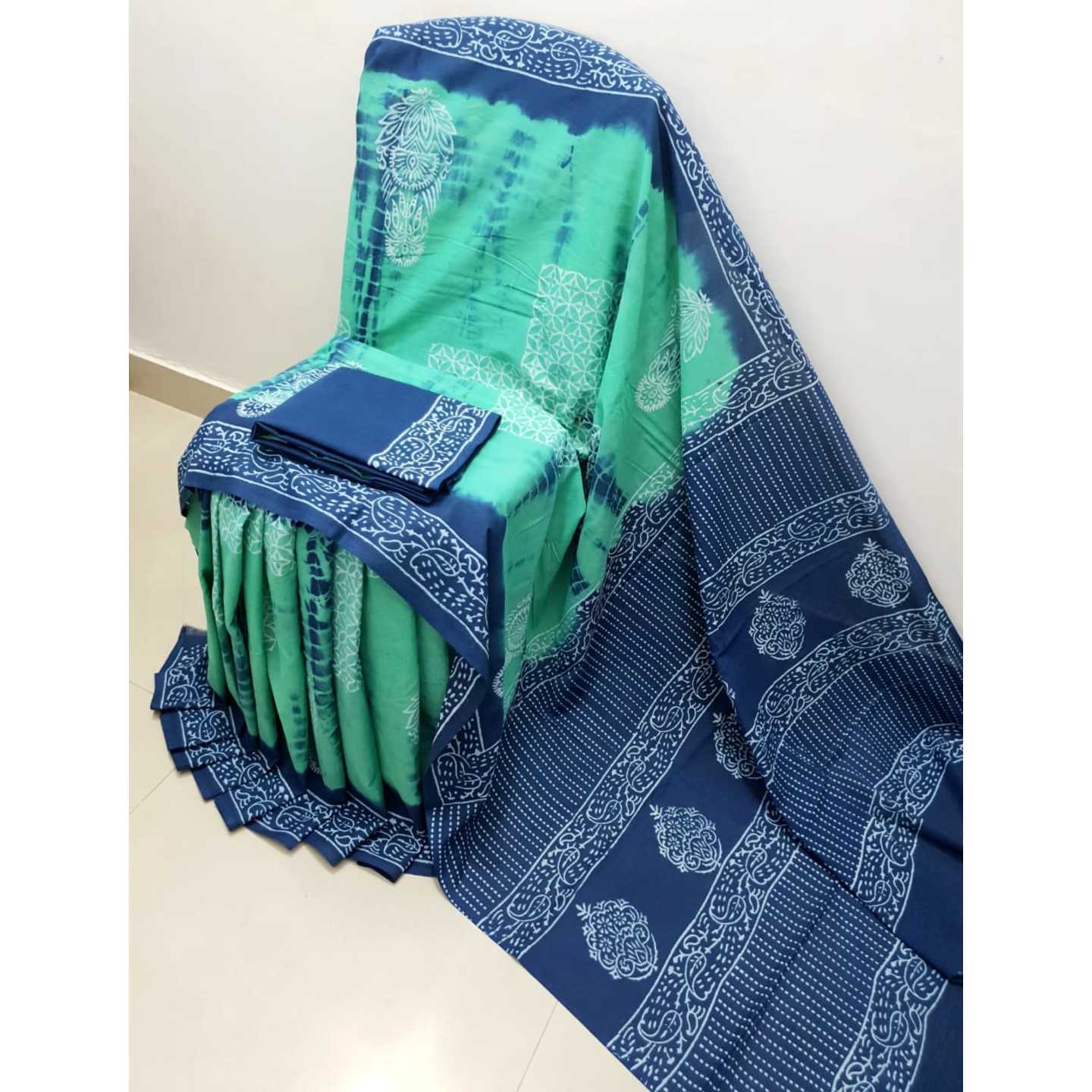 Korie Hand Block Print Cotton Saree- Navy Blue & Green KB10_7