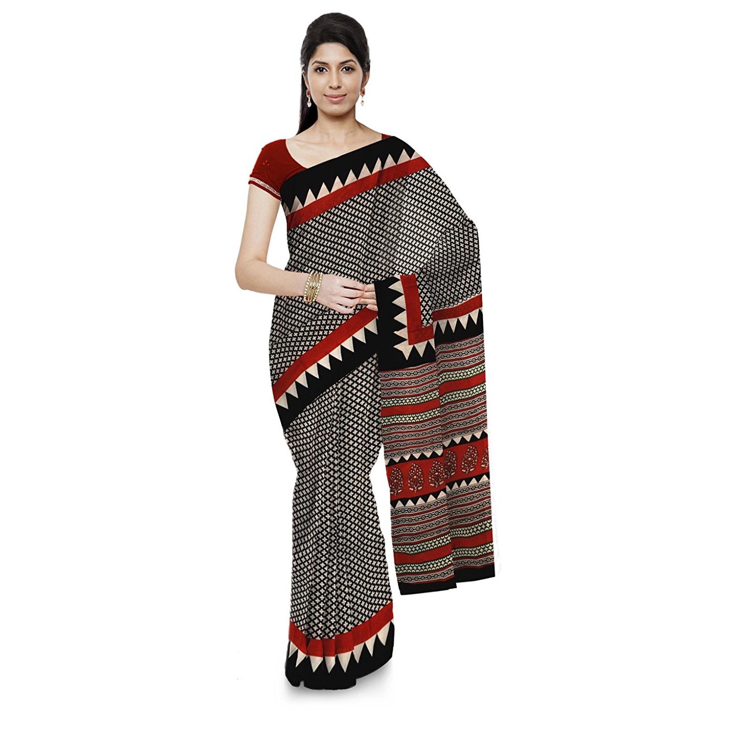 Korie Bagru Hand Block Print Cotton Saree with Blouse Piece Black- KB7_14