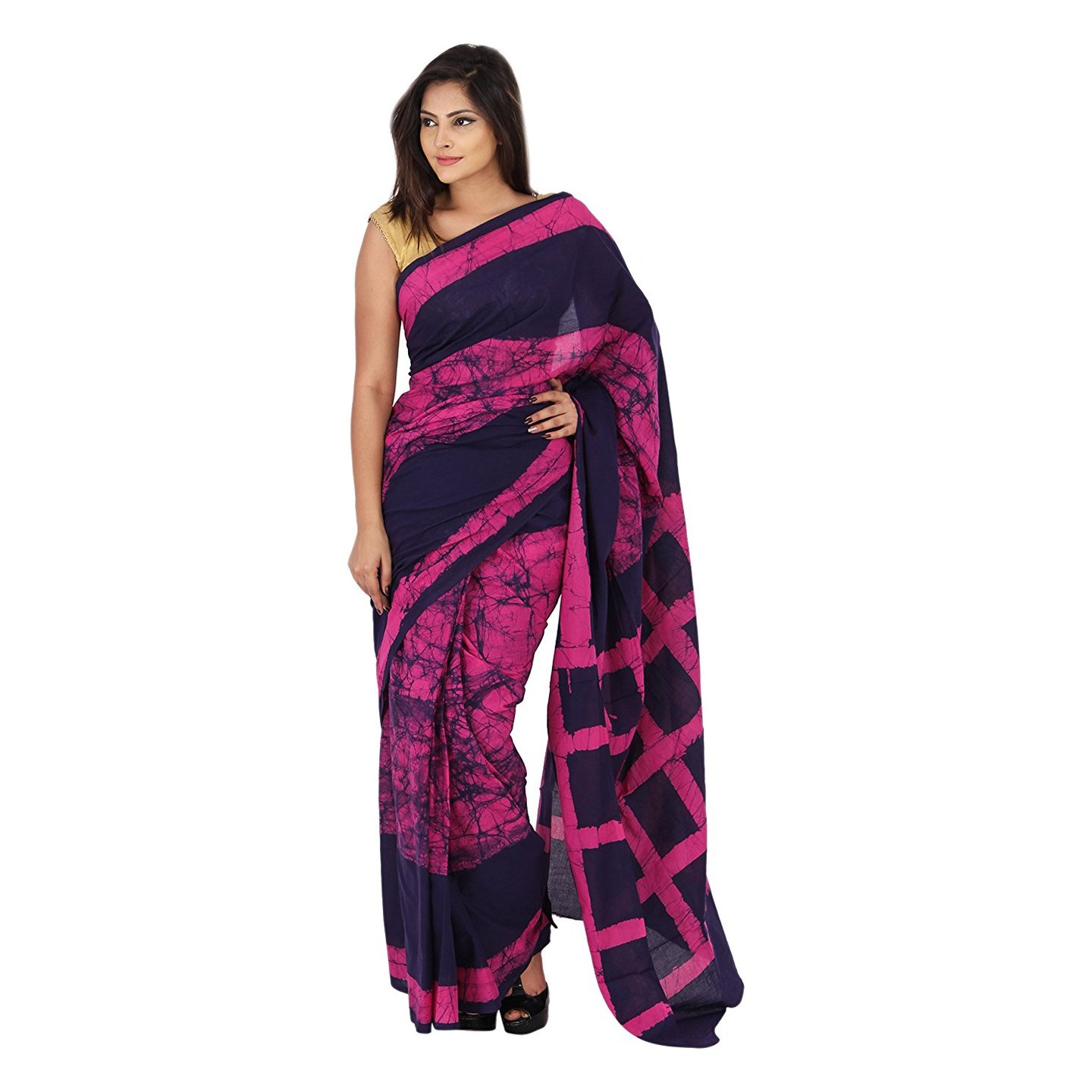 Korie Hand Block Cotton Saree with Blouse Piece Navy Blue and Magenta _ KB8_25