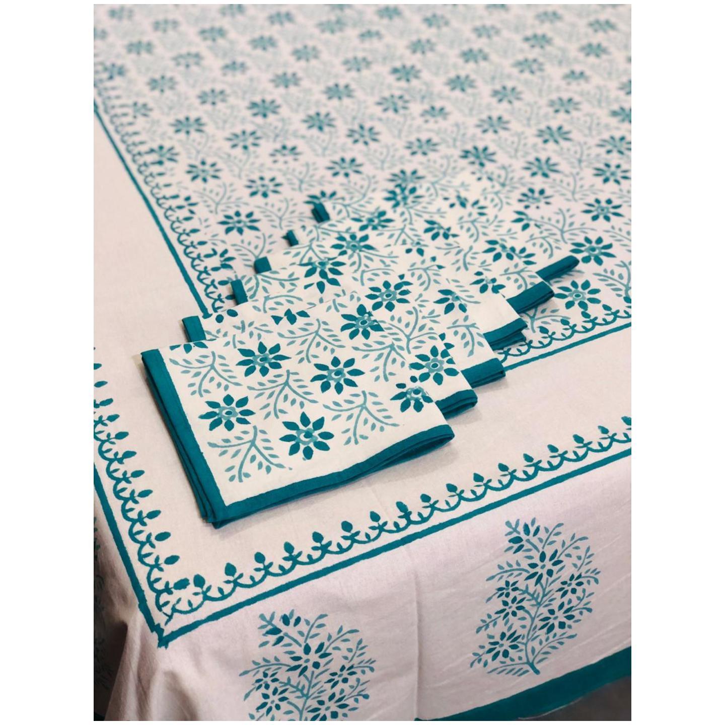 Hand Block Print Dining Table Covers with Napkins Green