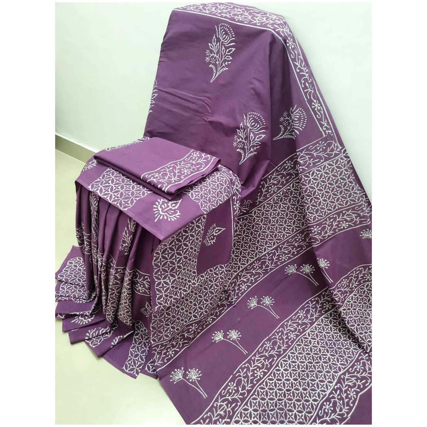 Korie Hand Block Print Cotton Saree- Purple KB10_10