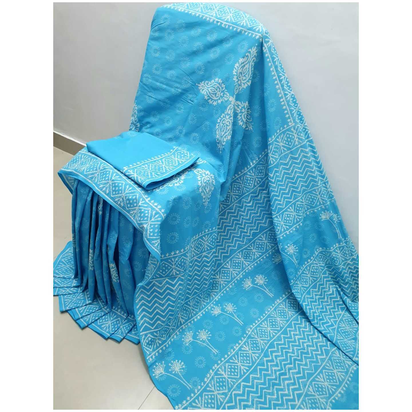 Korie Hand Block Print Cotton Saree- Firozi KB10_5