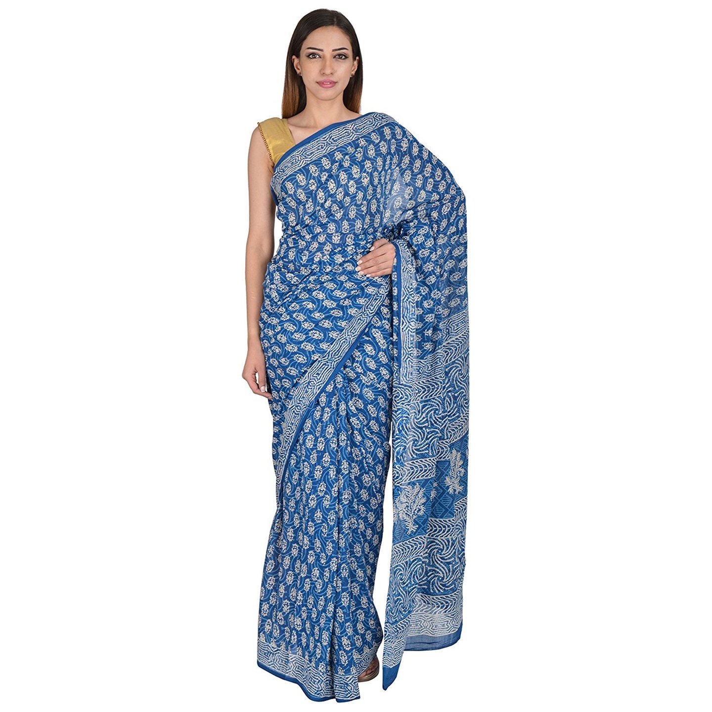 Korie Bagru Cotton Saree without Blouse Piece (Indigo with Dabu Print)_ KB6_04