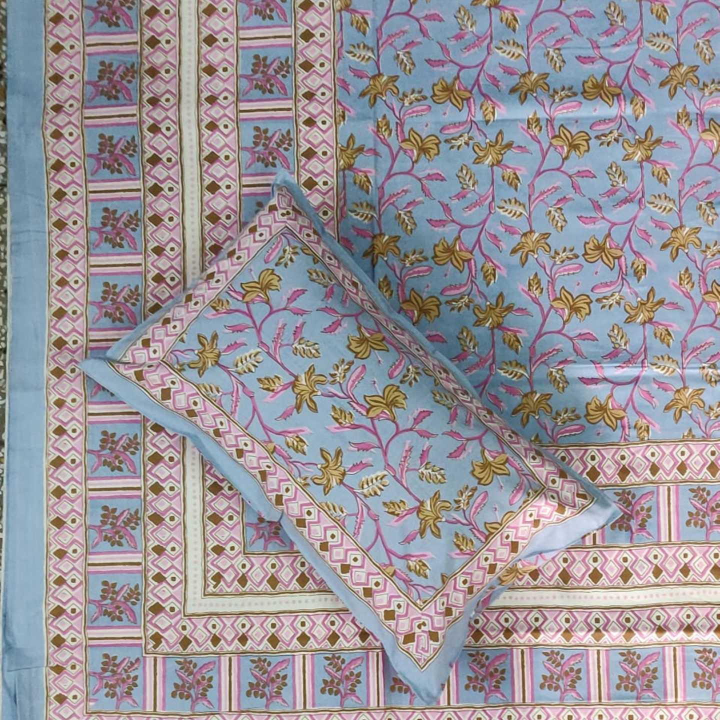 Floral Cotton Bedsheet (Light Blue)