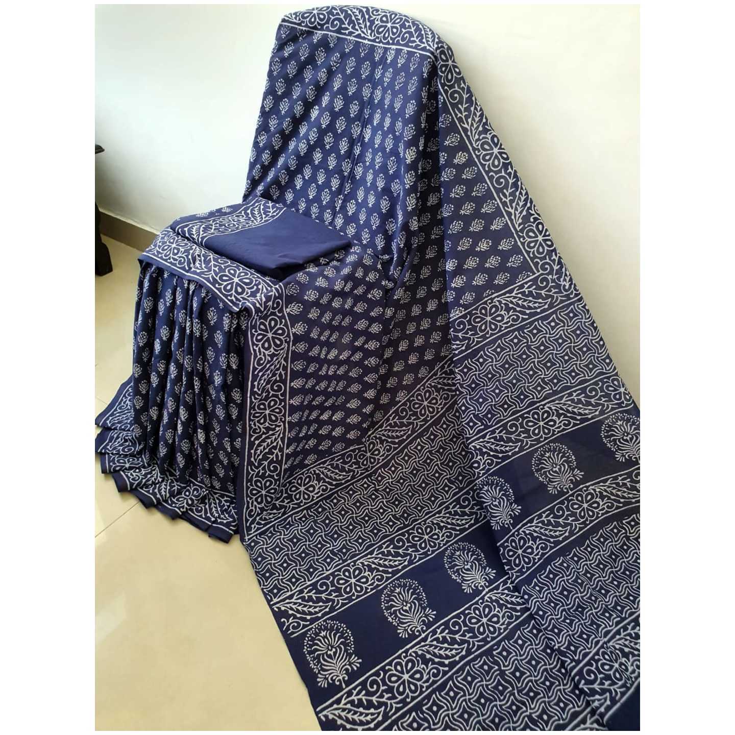 Korie Hand Block Print Cotton Saree- Navy Blue KB10_3