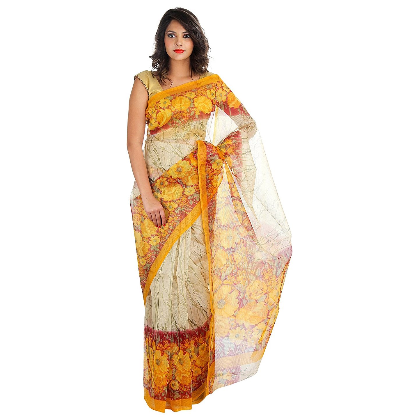 Korie Kota Supernet Saree without Blouse Piece (Beige & Mustard)