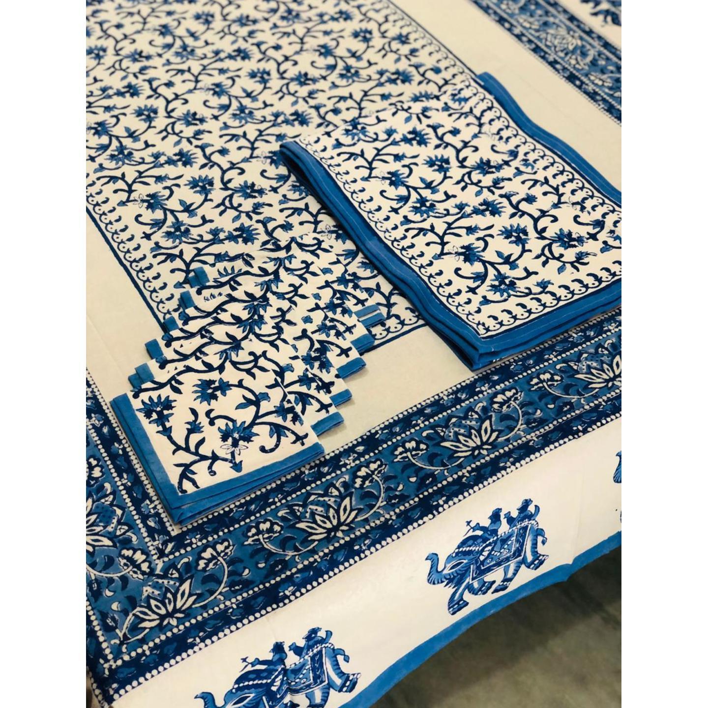 Hand Block Print Dining Table Covers with Napkins & Runner (Indigo)